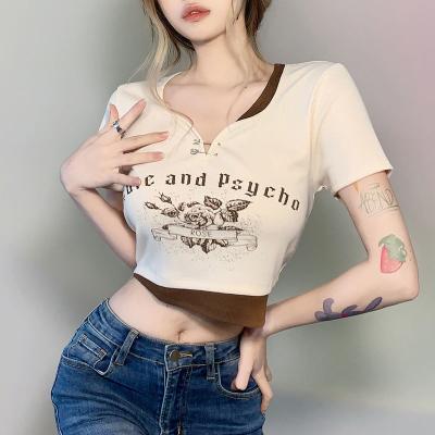 China Retro Style Girl Letter Printing American Hot Graphic Short Button T-shirt Design T-shirt Top Summer QUICK DRY V-neck for sale