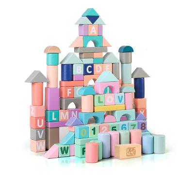 China Sale 81pcs Color Knowledge Alphabet Number Puzzle Children 2022 Macaron Building Toy DIY Wooden Toy Building Blocks Educational for sale