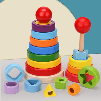 China TOY Wooden Colorful Stacking Ring Children Educational Game Wood Tower MODELS Set Column Montessori Toys for sale