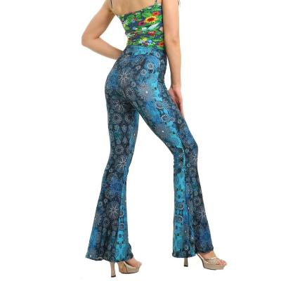 China Antibacterial Tiered Wide Leg Linen Pants Ladies Elastic Pants Flower Printing Women's Pants Elastic Waistband Metro Subway Pants for sale