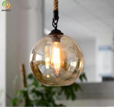 China 85V Round Glass Pendant Light Classic Brass Industrial Hemp Rope Retro Vintage E27 Led Amber for sale