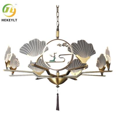 China Study Bedroom Copper LED Chandelier Lamp Dining Room Ginkgo Leaf Ceiling Light for sale