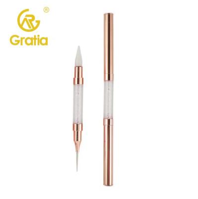 China New 1pc Rose Gold Professional Salon Double Head Nail Dotting Tool Brush DIY Rhinestone Handle With Colored Wax Nail Head Tools for sale