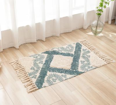 China Stain Resistant Nordic Design Geometric Pattern Carpet Cover Hand Tying Tassels Adorned Printed Floor Mat For Door Decoration for sale