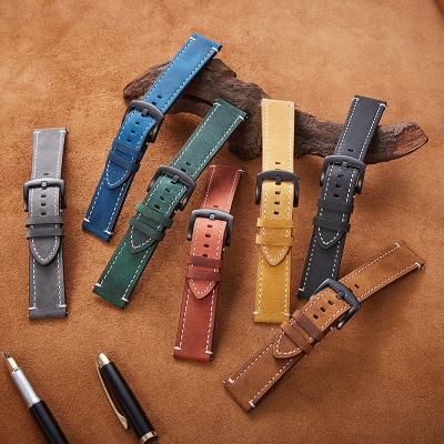 China Factory 20mm 22mm Matt Genuine Leather Napa Leather Wrist Watch Band Stainless Steel Breathable Direct Buckle Men Band Handmade Watchband for sale