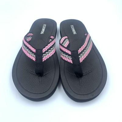 China Printed flip-flops with fabric face, light and flat bottom for sale