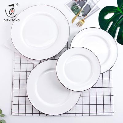 China Sustainable Minimalist White Ceramic Restaurant Porcelain Round Plate Dish Dessert Dish Dinner Dish With Black Rim for sale