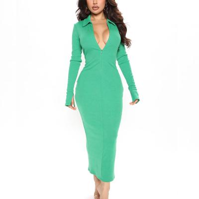 China Breathable Long Sleeve Invisible Zipper Half Up Women Ribbed Slim Fit Maxi Dress for sale