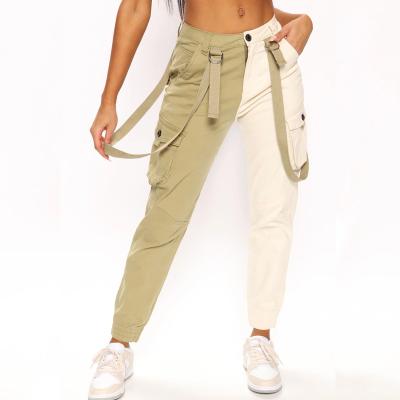 China Breathable High Waist Women Tie Detail Cargo Pockets Streetwear Colorblock Jogger Pants for sale