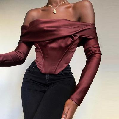 China Elegant Fashion Anti-pilling Off The Shoulder Tops Club Party Long Sleeve Satin Shirt Women Top Blouse for sale