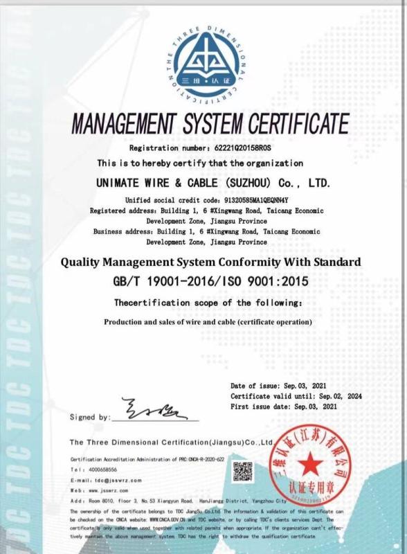 ISO9001:2015 - Unimate Wire And Cable (suzhou) Co., Ltd.