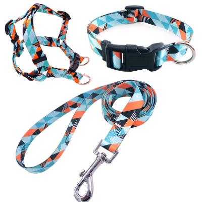 China Custom Promotional Dog Collar Leash Harness Set Sublimation Printed Polyester Pet Clothes Wholesale Dog Collar And Leash Set for sale