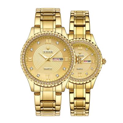 China Hot Sale WWOOR Auto Date Couple Wristwatches Stainless Steel Strap Waterproof Gold Watches Date Week Quartz Luxury Watches for sale