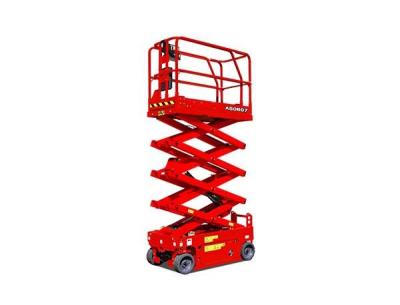 China 5.8m CE Certified One Man Scissor Lift 25 Height Lift Wide Platform Red Color for sale