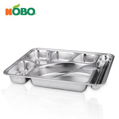 China 6 Compartment Sustainable Chinese Style Stainless Steel Canteen Dish Eco-friendly Food Tray With Chopstickchops And Spoon for sale