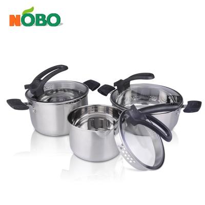 China Sustainable Chef's Collection Food Grade Cookware Set 304 Stainless Steel German Cookware With Glass Lids for sale