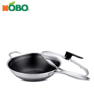 China Sustainable Stainless Steel Honeycomb Wok Triple Non-Stick Cooking Pan With Glass Lid for sale