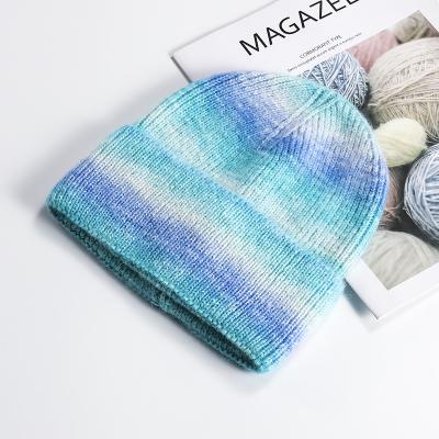 China 2022 COMMON Hot Sale Multicolor Cuff Beanie Hat Women Knit Hat Tie Dye Soft Gradient Color Knit Hat Winter Custom Knit Beanie Hat for sale