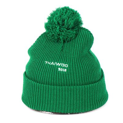 China Beanie Your Own Embroidery Custom Logo Wholesale COMMON Woven Brand 100% Acrylic Winter Pom Pom Beanie Hat Knitted Beanie In for sale