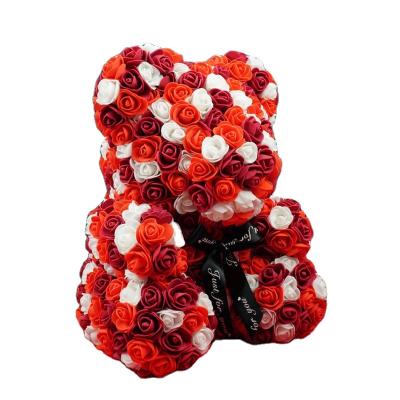 China Wedding Decoration 25cm Rose Bear With Ribbon Foam Rose Flower Bear For Valentine Gift for sale