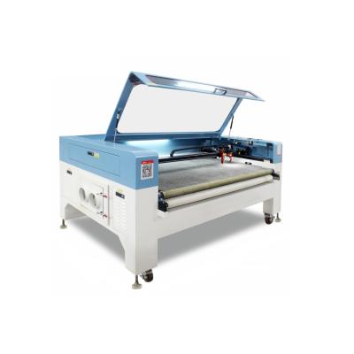 China VISION SYSTEM GBOS 1800*1000 CO2 Laser Cutting Machine CCD Video Camera Applique Printing Woven Fabric Mark Automatic Start Roll Laser Cutter for sale