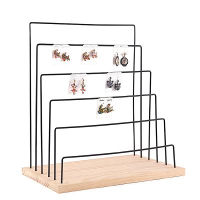 China Disply 3 Tiered Tabletop Metal Jewelry Display Stand Hanging Bar Bracelet And Earring Rack Holder With Bamboo Wood Base for sale