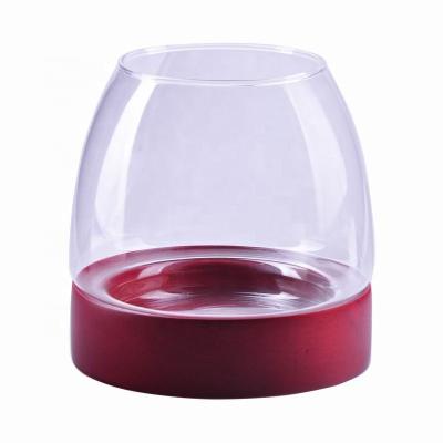 China Innovative Home Decorative Glass Pillar Lantern Storm Decoration Votive Stand with Wood Base for sale