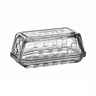 China Unique Butter Containers Mosaic Rectangle Freshness Preservation Design Lead Free Clear Glass Butter Dish With Lid for sale