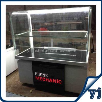 China Special OEM design of MDF+tempered glass+acrylic curved shaped glass store cell phone showcase with led strip for displaying cell phones for sale