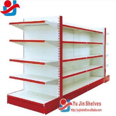 China Large Double Sided Loading Size Cold Rolled Metal Easy Assemble And Knock Down Supermarket Shelf for sale