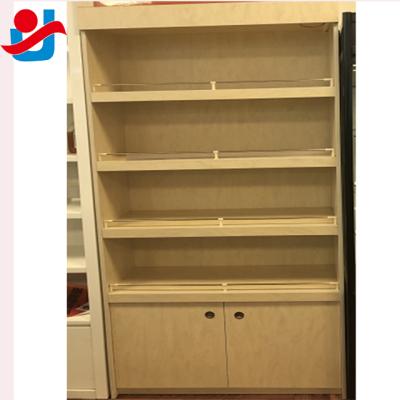 China Delicate Wooden Four Layer Wooden Shelf With Storage Cabinet And Light Strip for sale