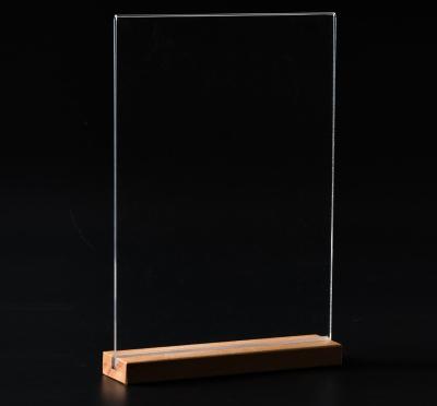 China Easy Installation PMMA Acrylic Plexiglass Price Display Stand Table Rack Menu Holder With Wooden Base for sale