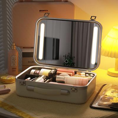 China Luxury Large Capacity Full Page Led Cosmetic Box Aluminum Frame Sight Fashion Mirror Makeup Filter Box With LED Light Mirror for sale