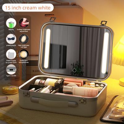 China Fashion Professional Pink Large Vanity Case Travel Train Makeup Box Case With Led Mirror for sale