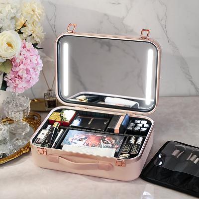 China Fashion Travel Cosmetic Bags Portable PC LED Waterproof Makeup Case With Lighted Mirror for sale