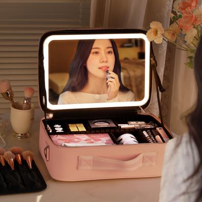 China Fashion Beauty Travel Makeup Case with Mirror Large Professional Cosmetic Bag Thread Cover Aluminum Velvet Professional Cosmetic Bag Artist for sale