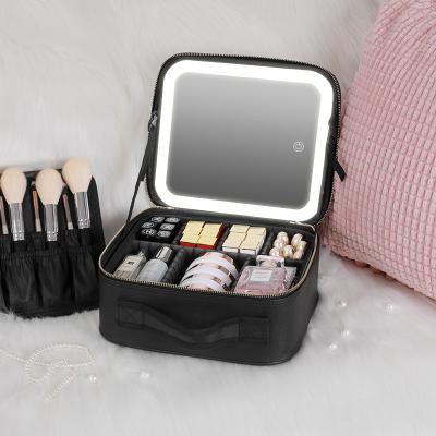 China Portable Fashion Makeup Storage Bag Fashion Large Capacity Travel Box PU Cosmetic Makeup Bag With Led Mirror for sale