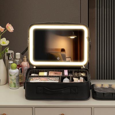 China Fashion Portable Large Capacity Cosmetic Organizer Bag Make Up Case Travel Storage Waterproof Toiletry Makeup Brush Bag With Led Mirror for sale