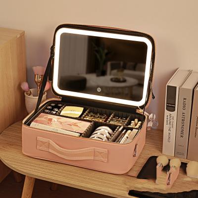 China Fashion New Large Capacity Desktop Cosmetic Storage Box Waterproof Leather Travel Portable Makeup Train Filter Frame With Led Light Mirror for sale