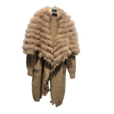 China luxury Anti-wrinkle turn-down collar big trim real shaggy fox fur tassels coat long warm fur length heavy gauge cardigan sweater for women for sale