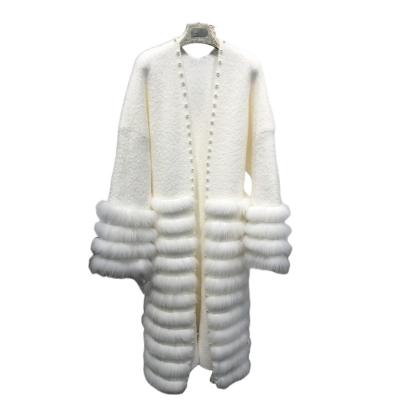 China Wholesale Luxury Extra Long White Mink Fur Trim Sweater Women Style Button Anti-wrinkle Pearl Knitting Cardigan Sweater With Fox Fur for sale