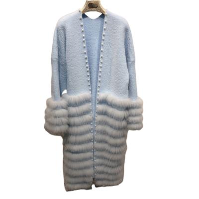 China Wholesale high quality fashionable elegant style long pearl Anti-wrinkle design blue mink sweater cardigan with fox fur for sale