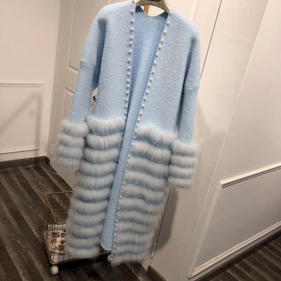 China Wholesale high quality fashionable elegant style pearl long pink Anti-wrinkle design mink sweater cardigan with fox fur for sale