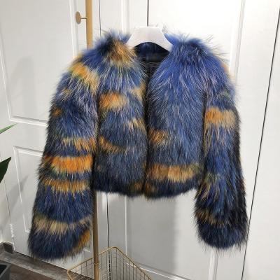 China Anti-wrinkle wholesale customize women fashion colorful tints short style real raccoon fur coat jacket fluffy raccoon fur female winter crop for sale