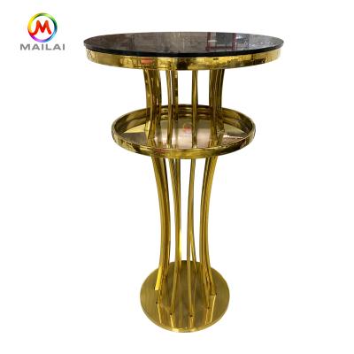 China Modern Hot Sell Wedding Gold Round Stainless Steel Metal Glass Top Bar Table for sale