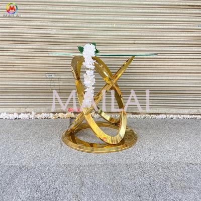 China 2021 Elegant Gold Decoration Event Cake Table Stainless And Glass Table For Wedding for sale