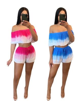 China Wholesale QUICK DRY summer wear gradient printed fashion women off shoulder tops shorts two piece set for sale