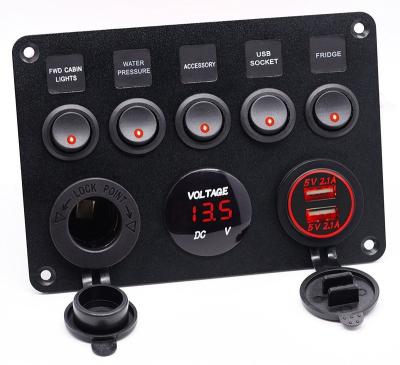 China 12v Marine Vehicles Dual USB Charger Digital Voltmeter Multi Function Panel Circuit Breakers For RV Marine Truck 5 Switch Panel Inverters for sale