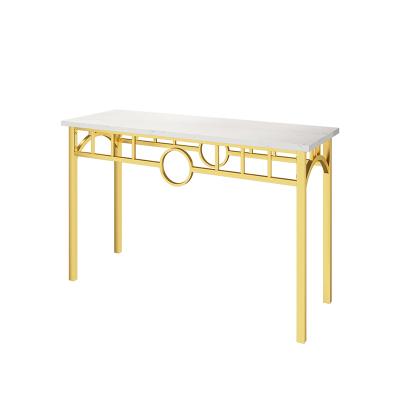 China For Shop Fashion Trend Shiny Gold Color Stainless Steel Table Tops Advertising Display Stand Racks For Clothing Store for sale