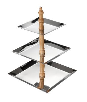 China Pure Stainless Steel/Wooden China Manufacturer Supplier 3-Tier Stainless Steel Square Dish Set With Wooden Stand for sale